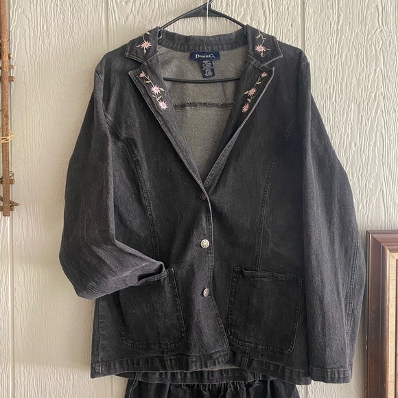 Denim&Co Pants - Vtg Y2K Denim & Co Black Pink Floral Embroidered Blazer Denim Jacket Business S